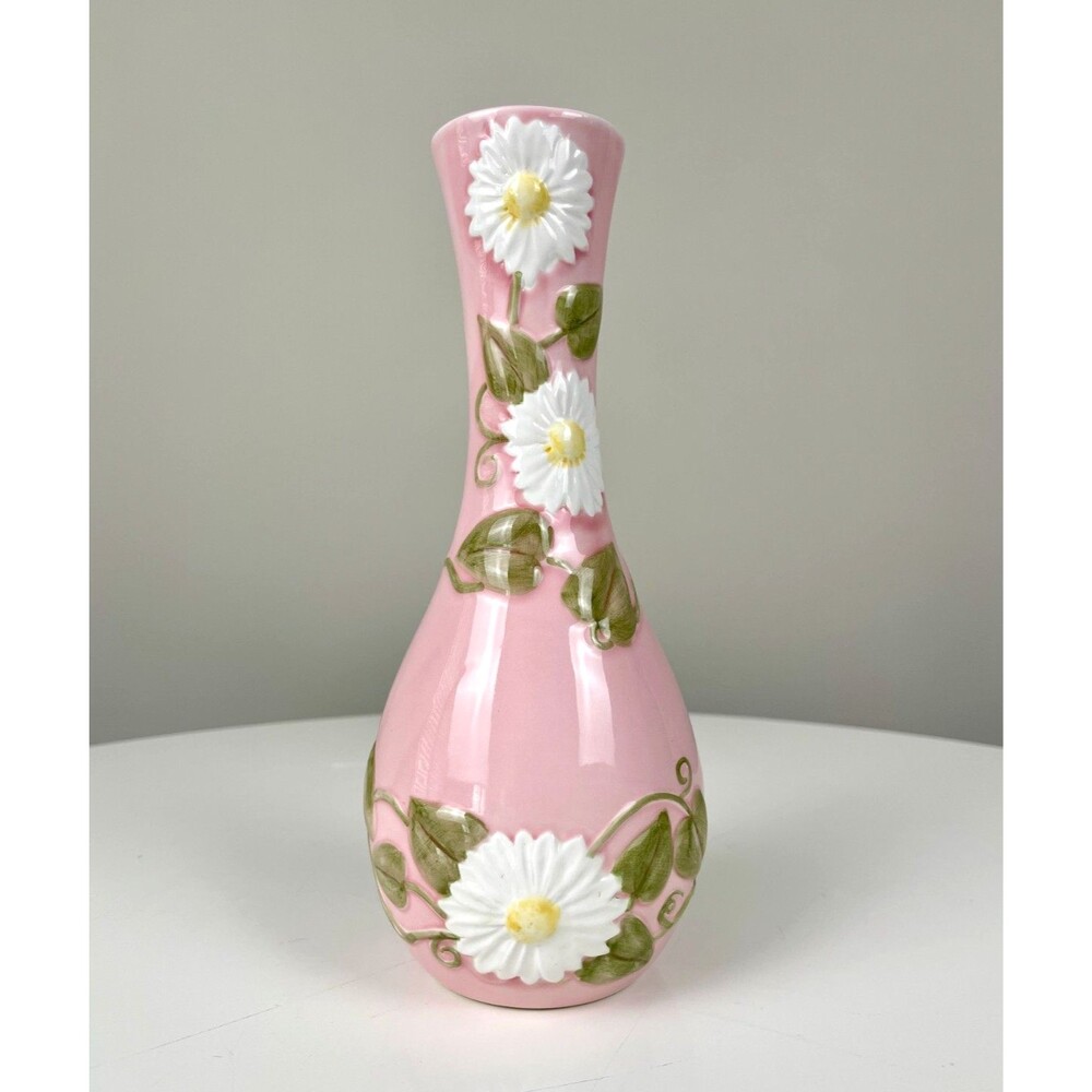 Vintage 90s Pink Ceramic Vase Raised Daisy Floral Cottagecore 9”